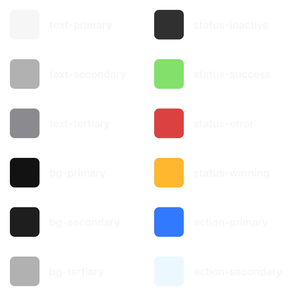 Color tokens, dark theme — the same semantic swatches remapped for dark surfaces