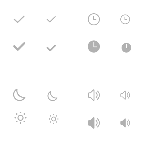 Icon library, dark theme — the same monochrome line icons remapped for dark surfaces