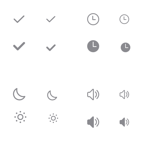 Icon library — a grid of monochrome line icons spanning navigation, media, fitness, and UI utility glyphs