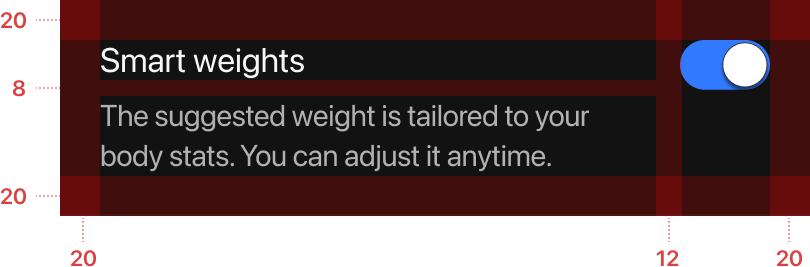 Spacing, dark theme — the same 10/20dp screen margins and 4-point spacing scale remapped for dark surfaces