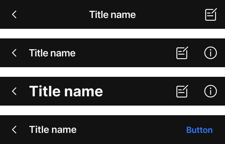 App bars, dark theme — the same bars remapped for dark surfaces