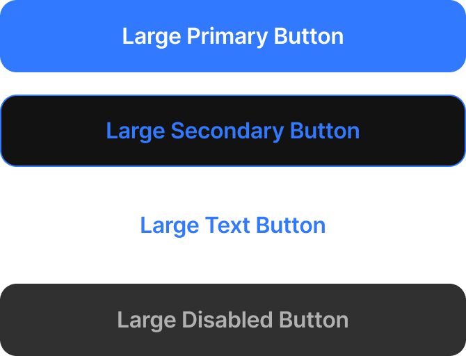 Buttons, dark theme — the same primary, secondary, text, and disabled sizes remapped for dark surfaces