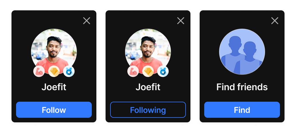 Cards, dark theme — the same content cards remapped for dark surfaces