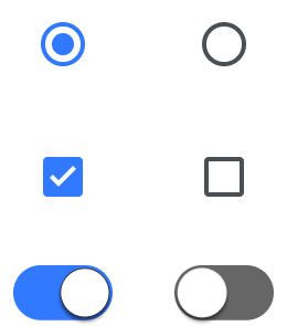 Control, dark theme — the same toggles, radios, and selection controls remapped for dark surfaces