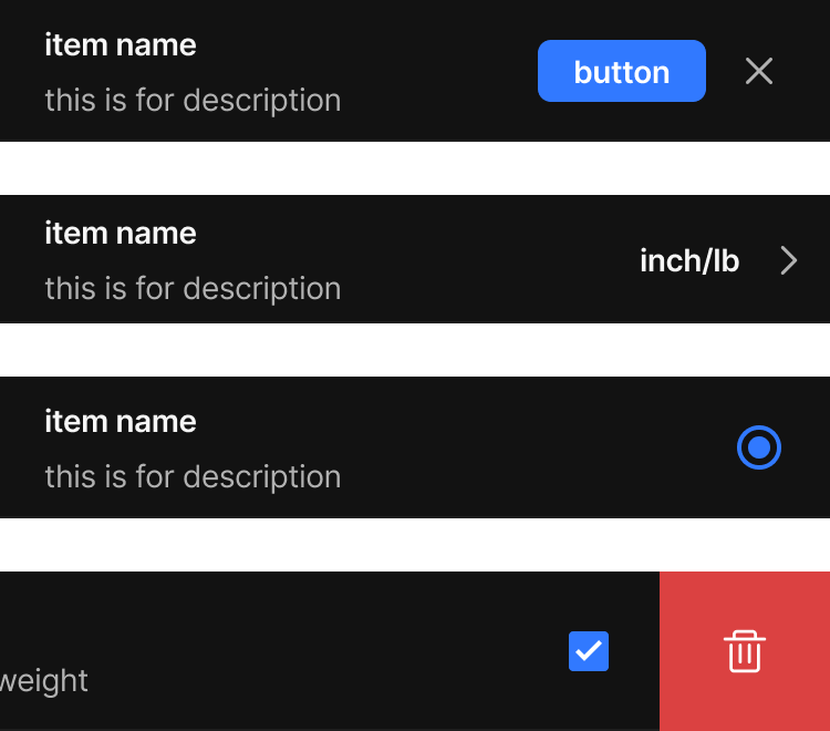 Lists, dark theme — the same in-app list rows remapped for dark surfaces