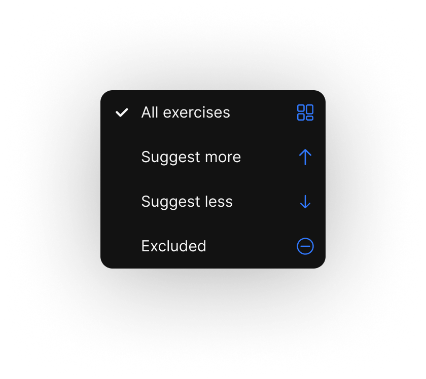 Menu, dark theme — the same contextual and dropdown menus remapped for dark surfaces