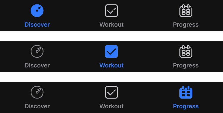 Navigation, dark theme — the same bottom navbar remapped for dark surfaces