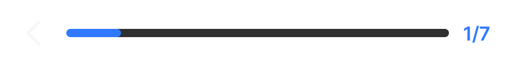 Progress indicator, dark theme — the same linear progress bar with back navigation and step count remapped for dark surfaces