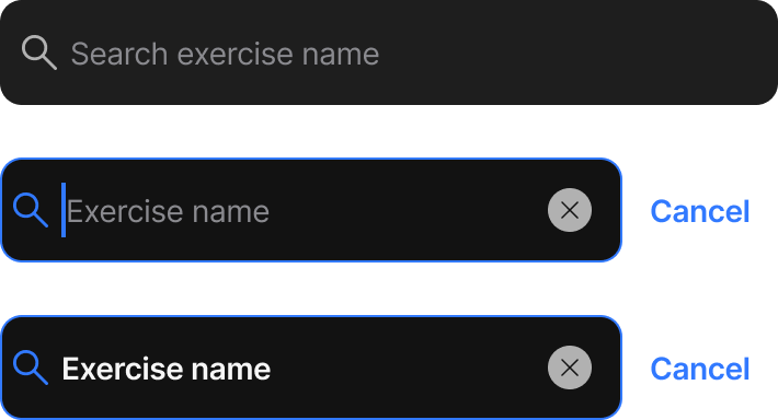 Search, dark theme — the same search field with placeholder, input, and clear states remapped for dark surfaces