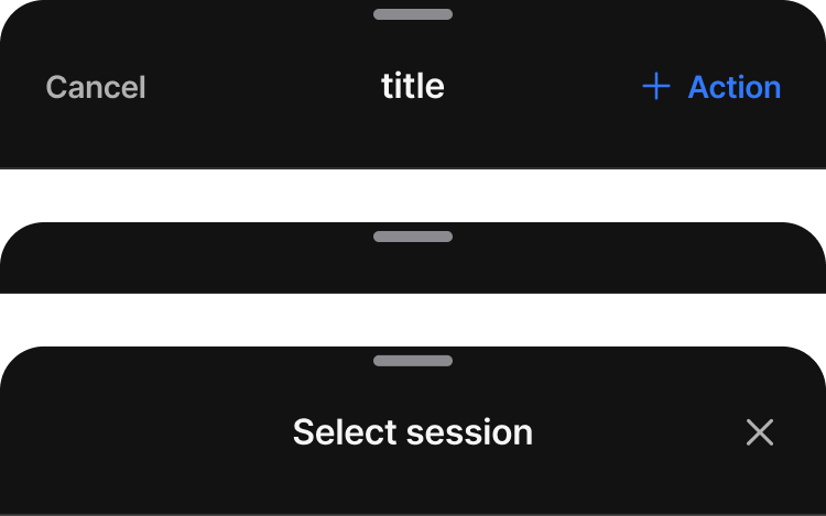 Sheet header, dark theme — the same bottom sheet header with title and action slots remapped for dark surfaces