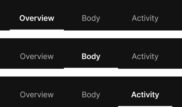 Tabs, dark theme — the same segmented and underline tab bars remapped for dark surfaces