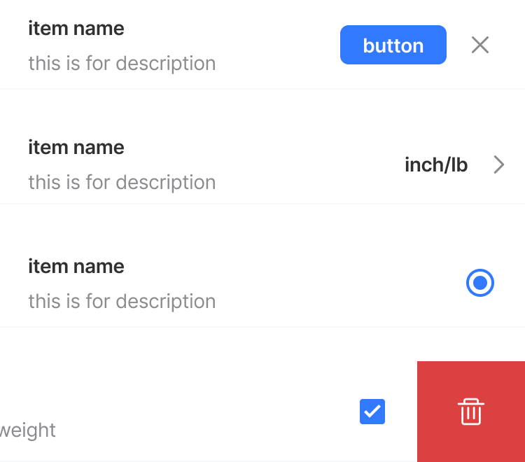 Lists — in-app list rows with buttons, toggles, values, and swipe actions