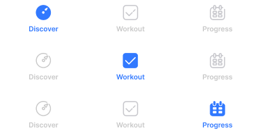 Navigation — bottom navbar with Discover, Workout, and Progress tabs in default and active states