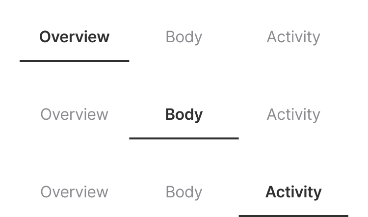Tabs — segmented and underline tab bars across states