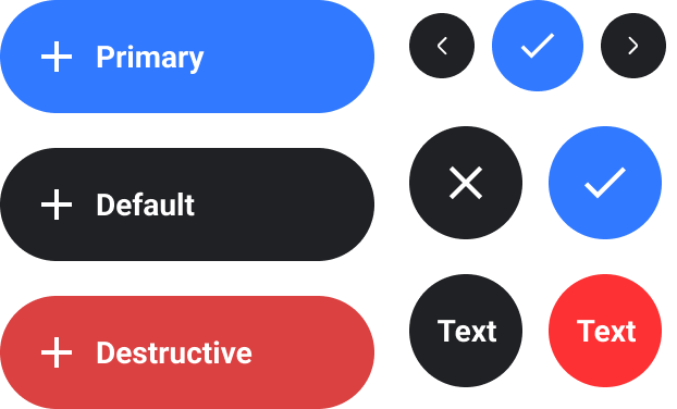 Buttons — the Wear OS button set: primary, destructive, default, reset/pause and the log button with left/right nav