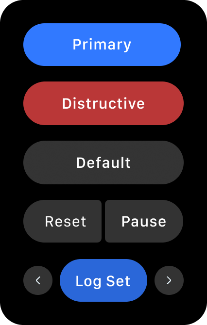 Buttons — the watchOS button set: primary, destructive, default, reset/pause and the log button with left/right nav