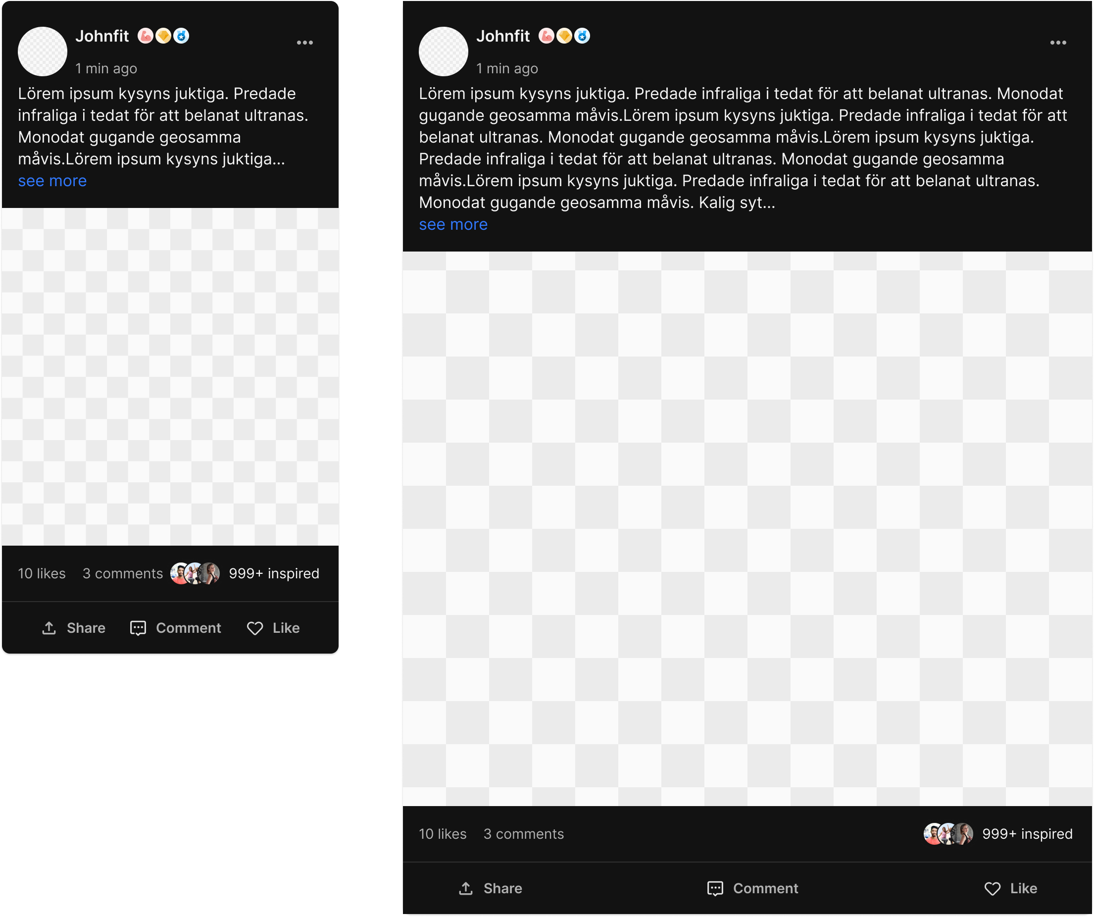 Web cards, dark theme — the same content cards remapped for dark surfaces
