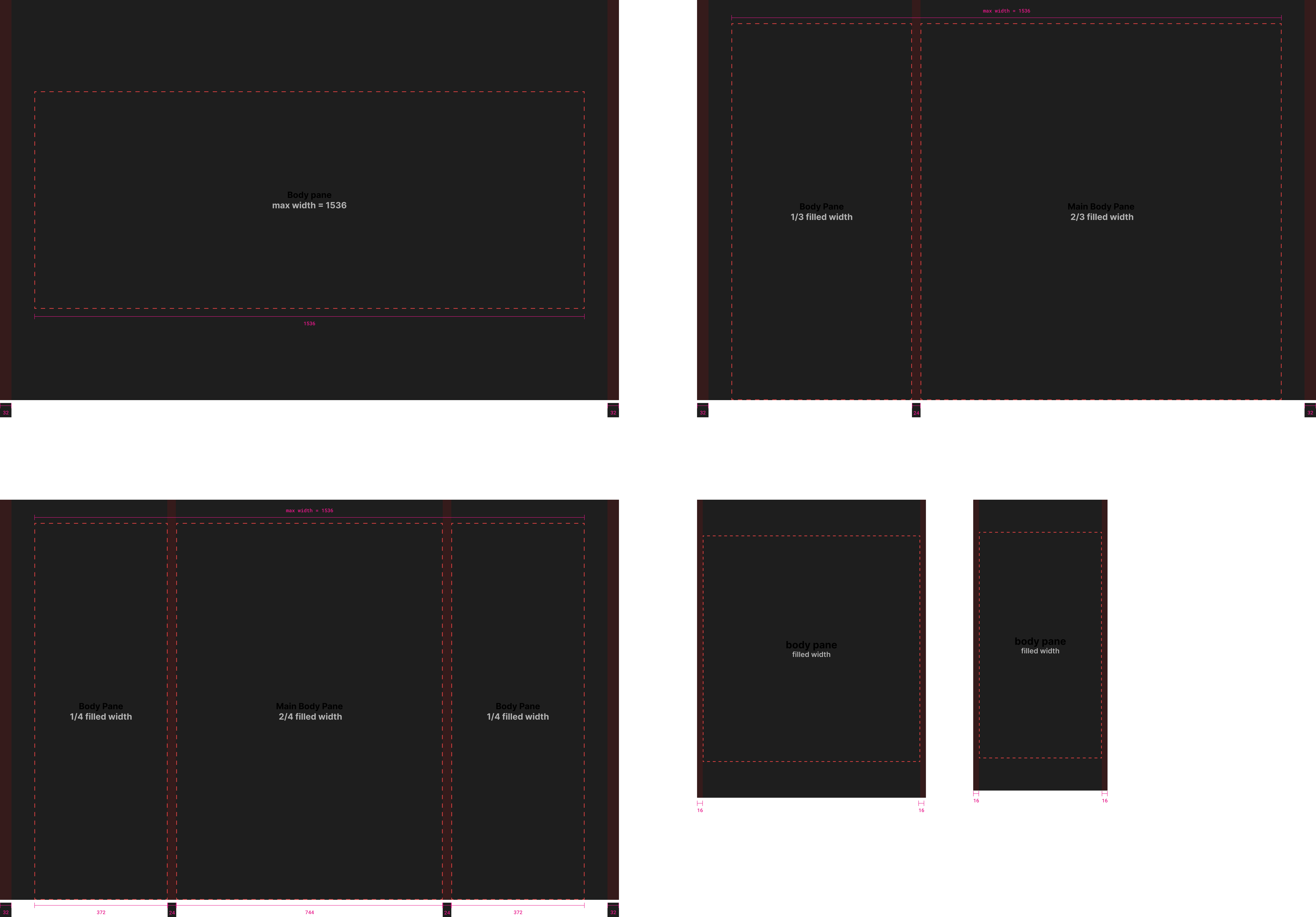 Web layout, dark theme — the same breakpoints and panes remapped for dark surfaces