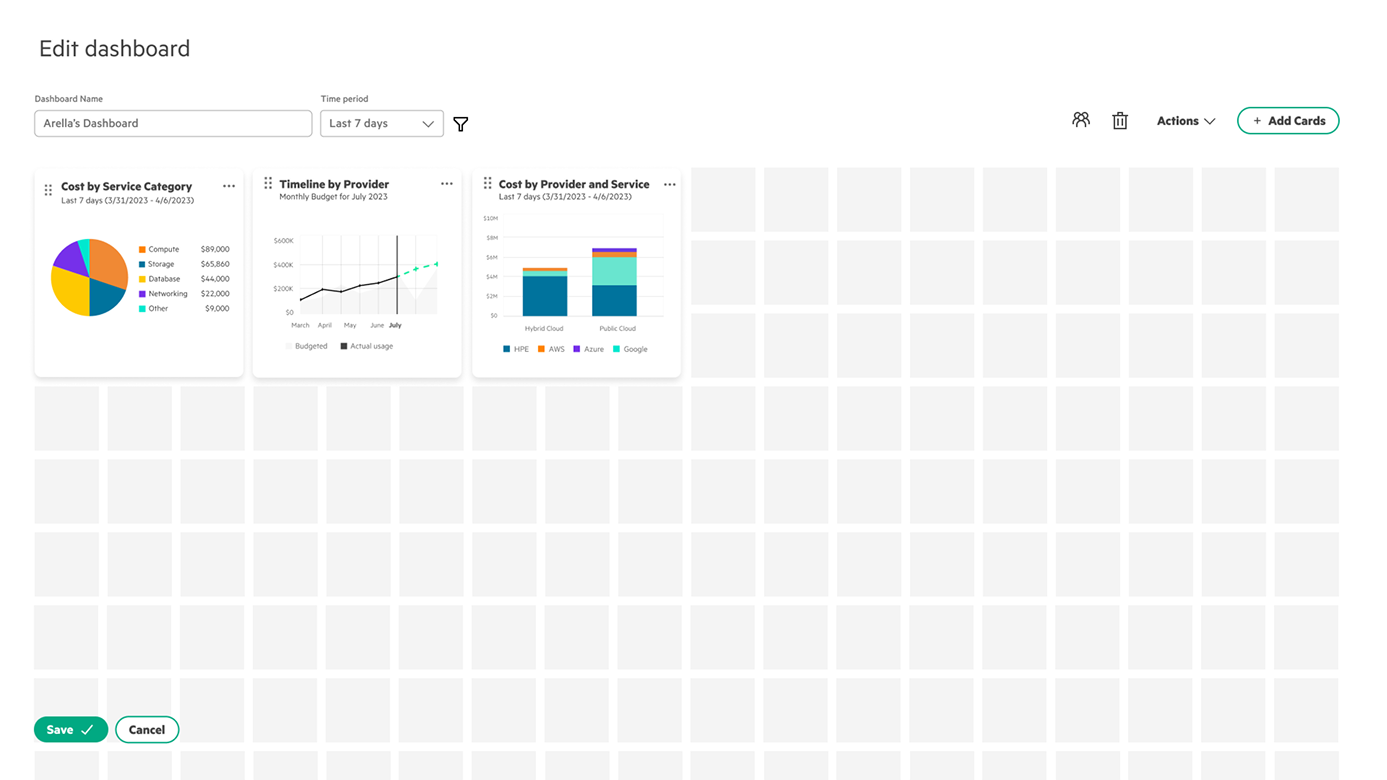 Edit dashboard v2 — header removed for a focused view, the tiled grid extending past the window edge to signal more space below