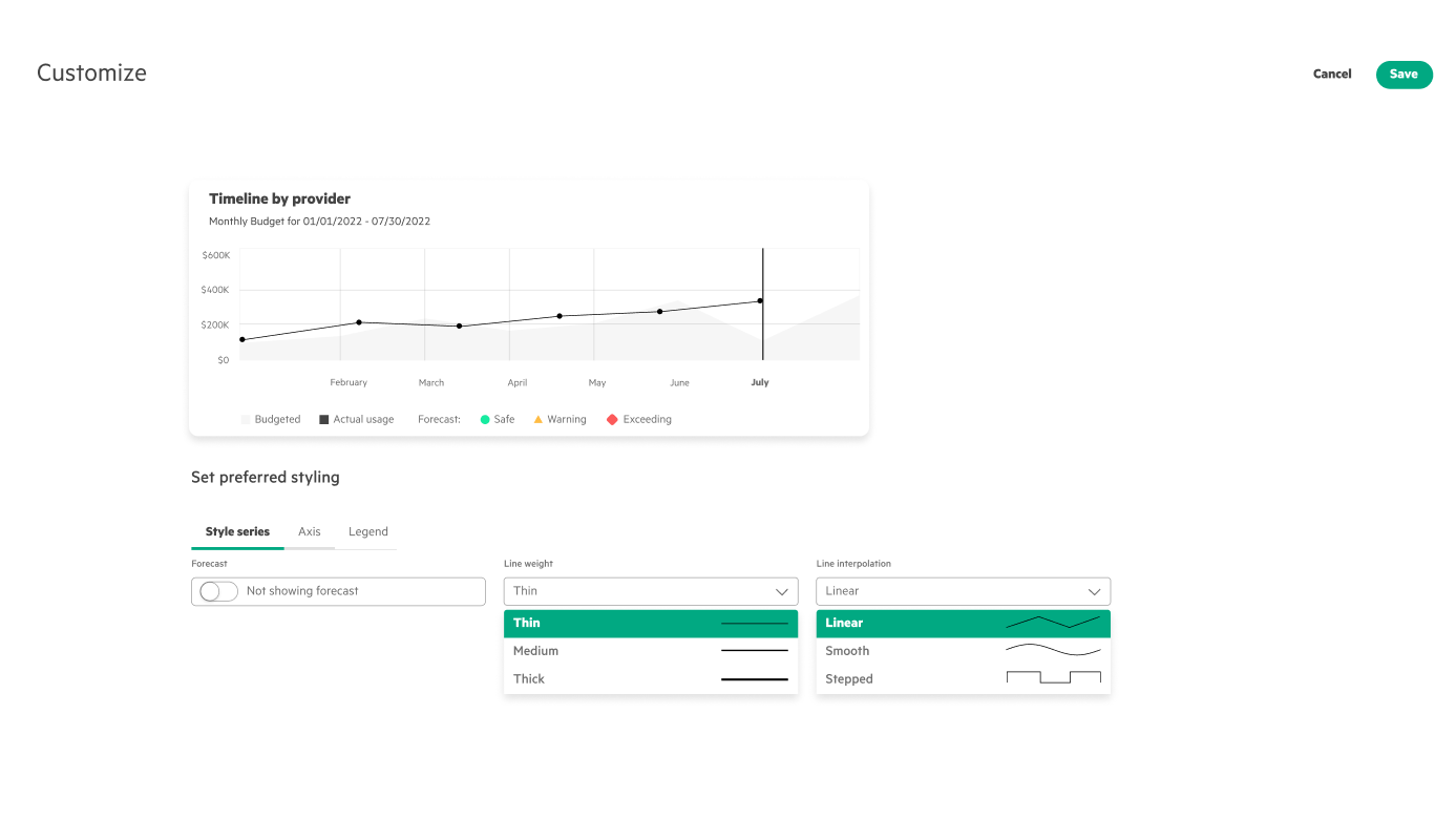 Style-series v3 — full-screen modal with three labeled line-weight options and visual previews in the select